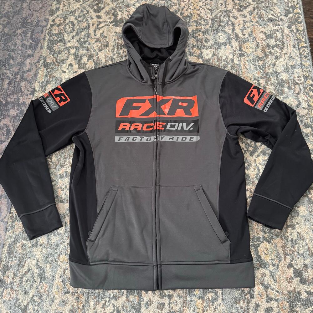 FXR Men’s Gray & Black Hooded Zip-Up Sweatshirt with Red Logo